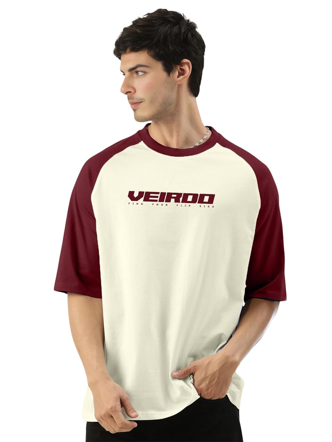 Veirdo® 100% Pure Cotton Oversized Loose Baggy Fit Drop Shoulder Round Neck Cool Front Chest Typographic Logo Printed Raglan Sleeve T-Shirt for Men (Colors: White, Black, Swanwhite, Beige & Grey)