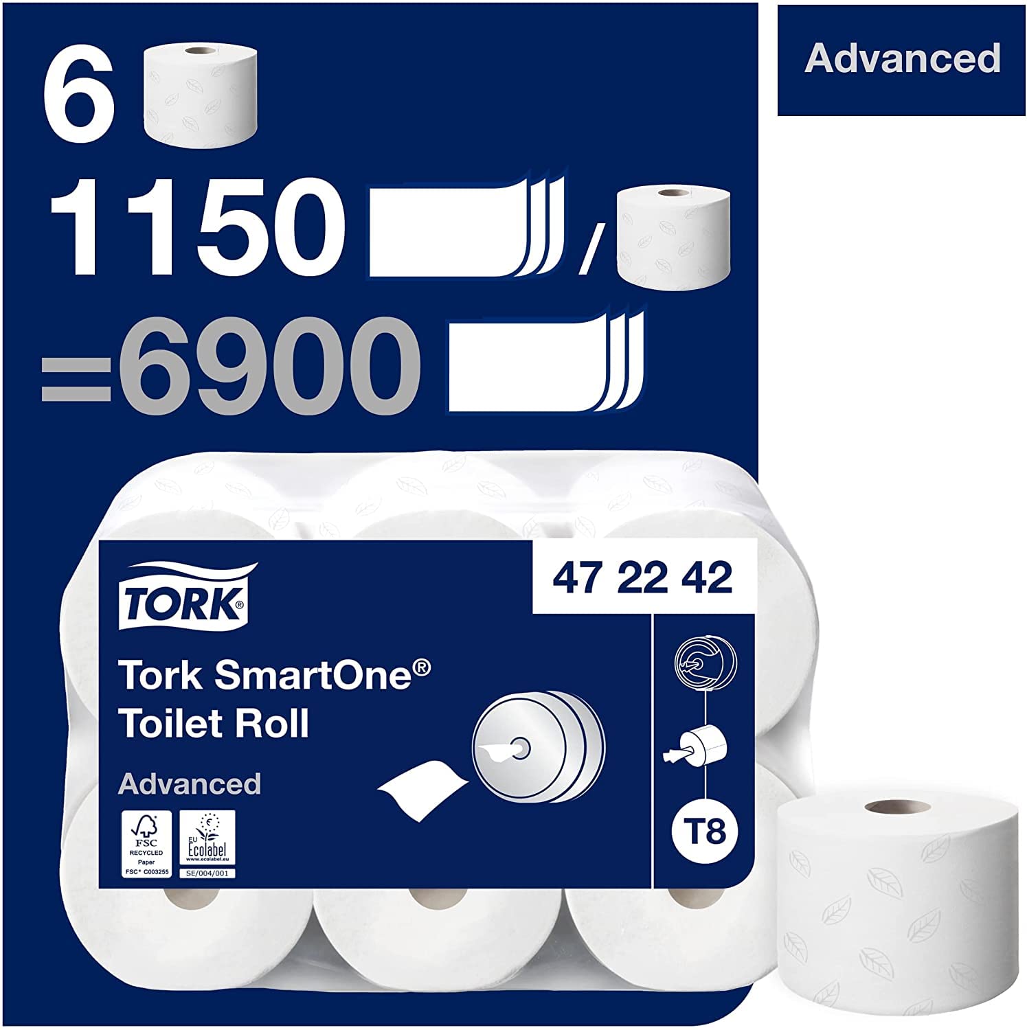 Tork SmartOne Toilettenpapier Weiß T8, Advanced, 2-lagig, 6 × 1.150 Blatt, 472242
