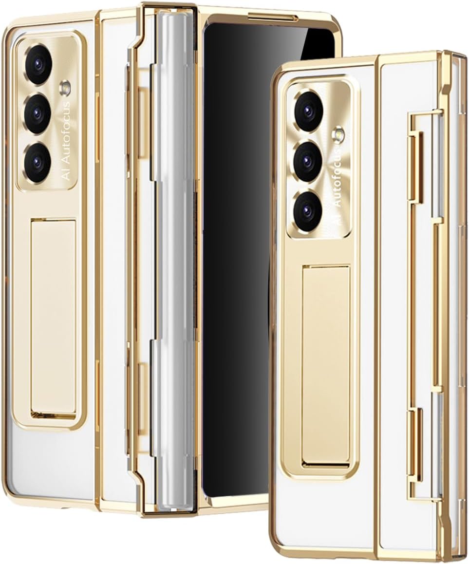 for Samsung Galaxy Z Fold 7 Crystal Clear Case with Privacy Screen Protector, One-Piece Design Fold-able Hinge Cover Kickstand Shockproof Hard PC Anti-spy Protective Case for Z Fold 7 Gold