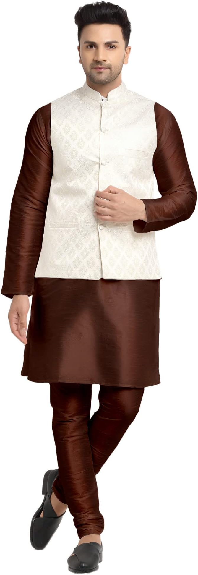 CroconMen's Silk Kurta Pyjama Set with Waist Coat Indian Men Party Wear Traditional Outfit Ethnic Dupion Silk Churidhar for Grooms