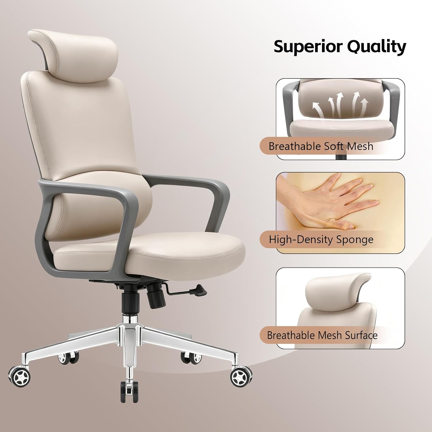 A660 Ergonomic Leather Office Chair, Environmentally Friendly Microfiber Leather with Large Size Flexible Lumbar Support,High-Elastic Sponge Seat, Soft Adjustable Headrest,Off-white