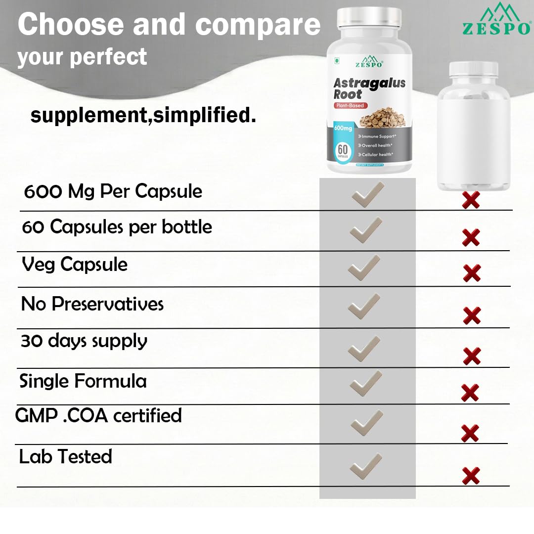 ZESPO Astragalus Root Extract 600 mg Capsules Immune Support Supplement Plant-Based 60 Veg Capsules 2