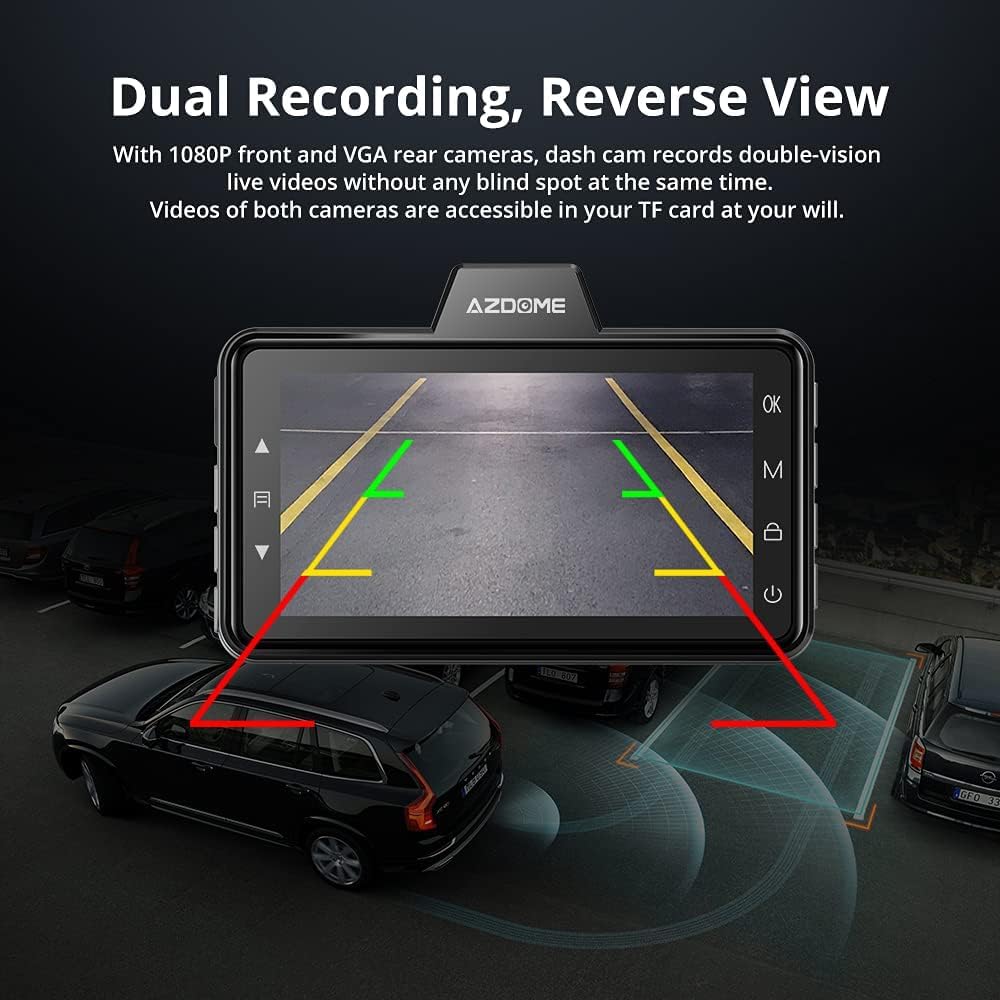 AZDOME M01 Pro kamera samochodowa na deskę rozdzielczą, przód i tył, 1080p FHD kamera samochodowa z kartą SD 64 GB, podwójna kamera samochodowa z monitorowaniem parkowania, super widoczność w nocy