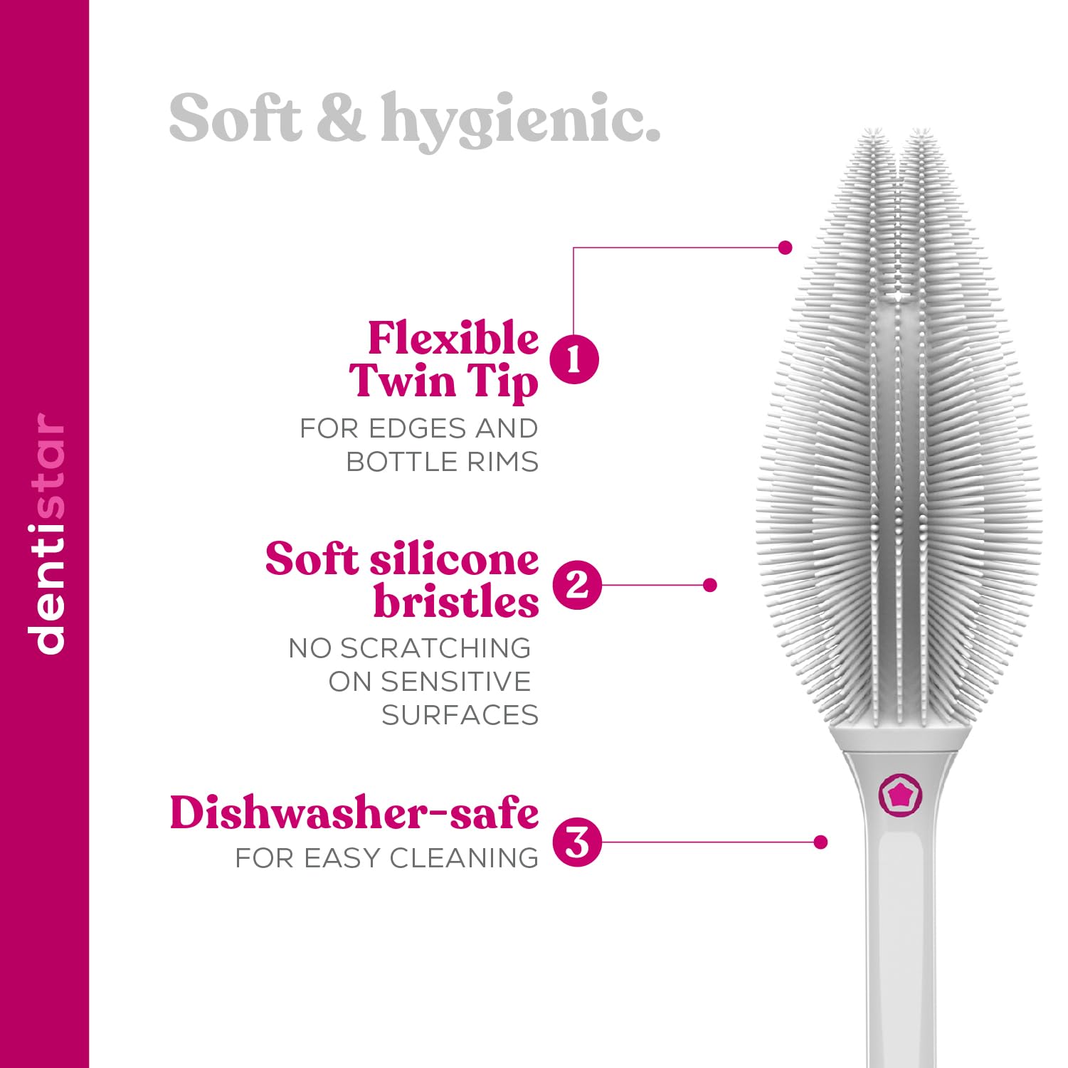 dentistar Spazzola Lunga per bottiglie in silicone – Spazzola per bottiglie per bottiglie, tazze e bicchieri, detergente per bottiglie flessibile con setole morbide in silicone – Senza BPA – Grigio