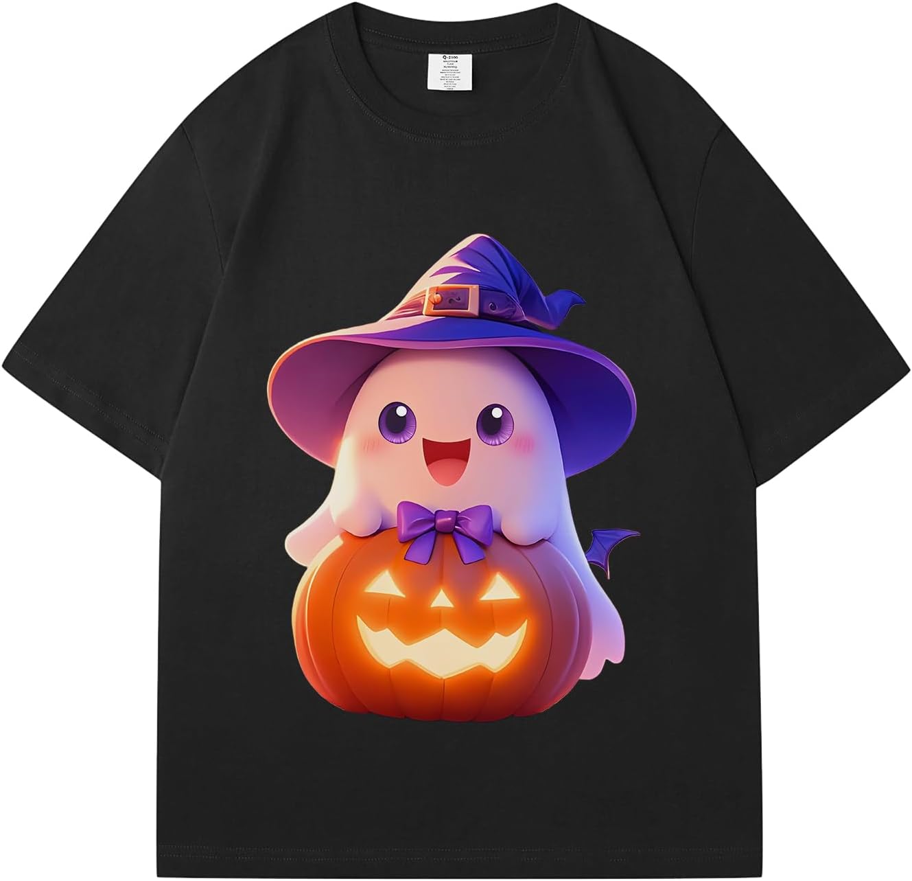 Halloween Shirts for Women - Pumpkin Ghost Wizard Hat Pattern Round Neck Short Sleeve - Image 3