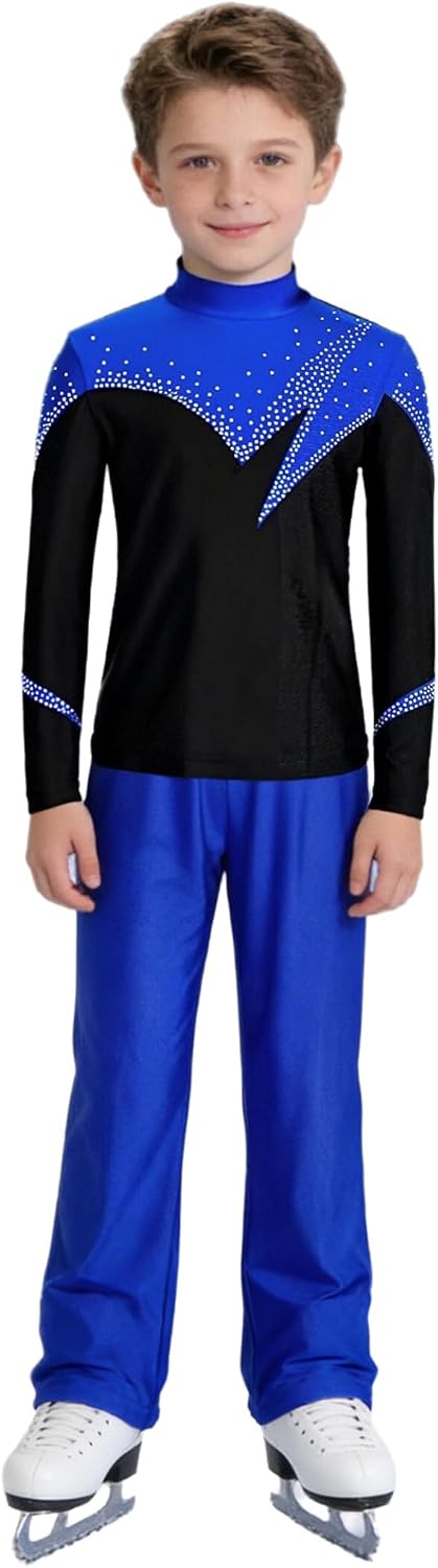 Kids Boys Figure Ice Skating Suit Long Sleeve Rhinestone Top with Pants Dance Outfit for Training Practice