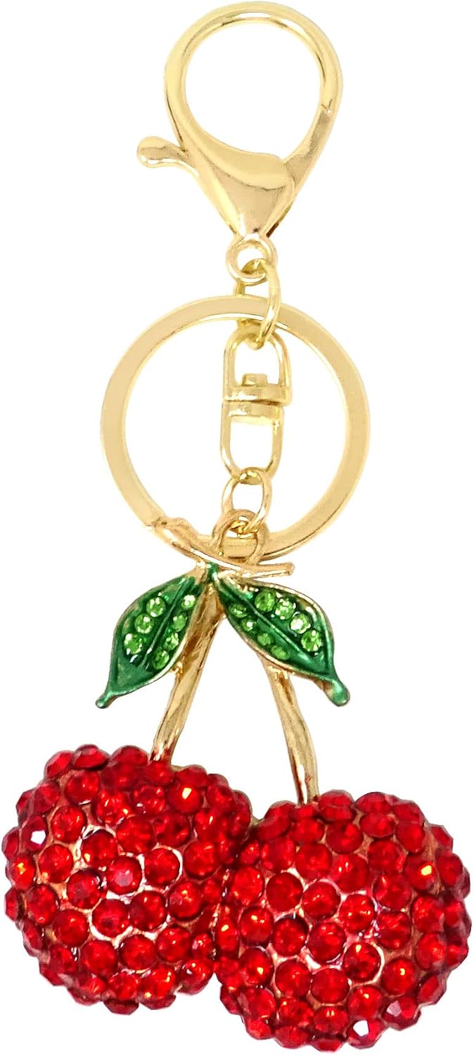 Honbay 1PCS Rhinestone Cherry Keychain Sparkling Fruit Cherry with Leaves Keyring in A Box for Bag Purse Wallet Cellphone or Car Pendant