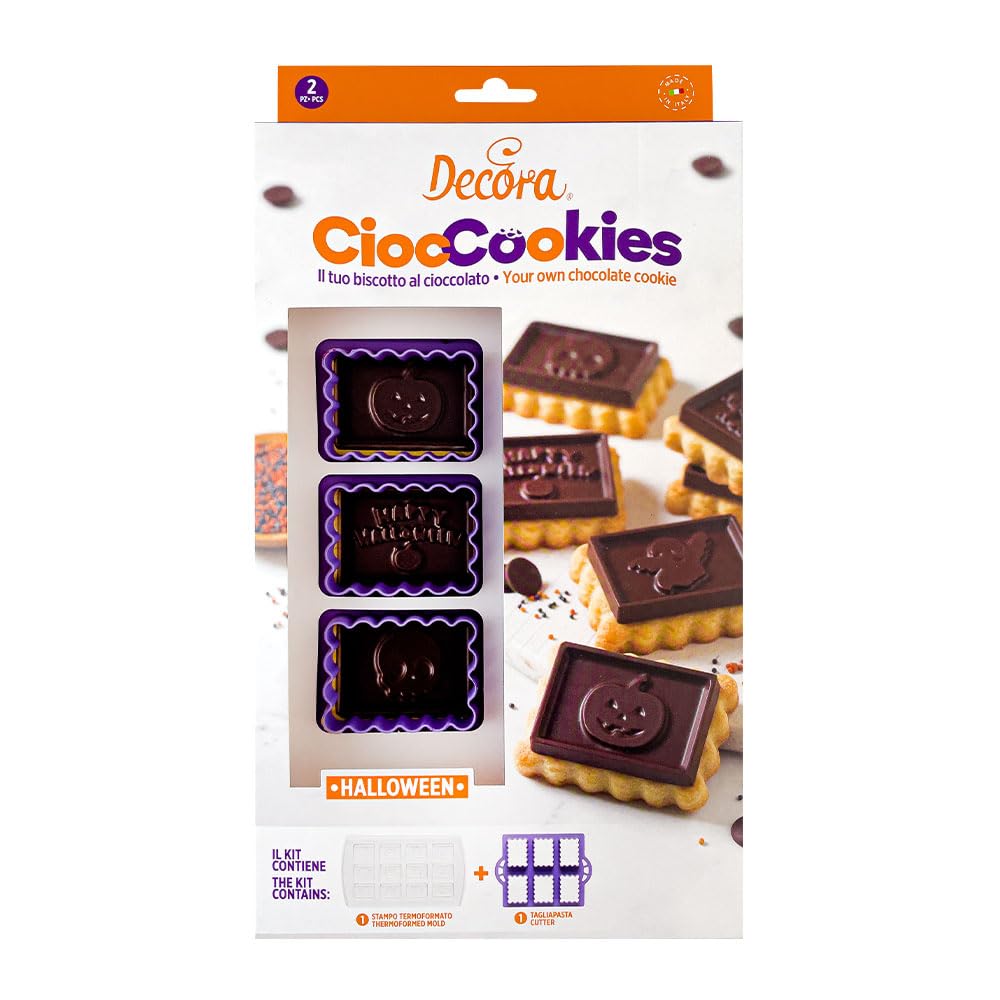 Decora 0255158 Set CiocCookies per Gallette Al Cioccolato Halloween, In Plastica, Per Realizzare in Modo Semplice delle Gallette con una Placchetta Di Cioccolato Personalizzata. Confezione Da 2 Pezzi.