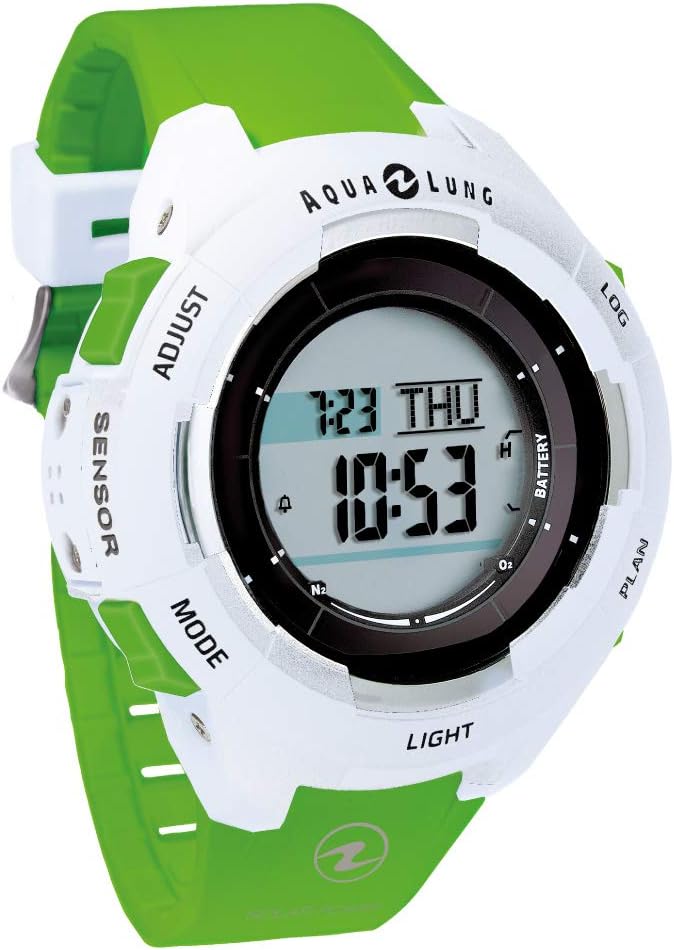 AQUALUNG Kalm Plus Dive Computer, white and green, showing digital display with time and dive information.