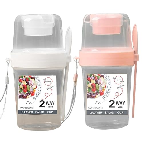 Paryou Salad Cup 2 Layers, Yogurt and Cereal Container with Spoon, 500ml+300ml, Pink