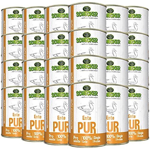 Schecker - Ente PUR - Nassfutter für Hunde - 24 x 410 g - getreidefrei - Dosenfutter - Hundefutter
