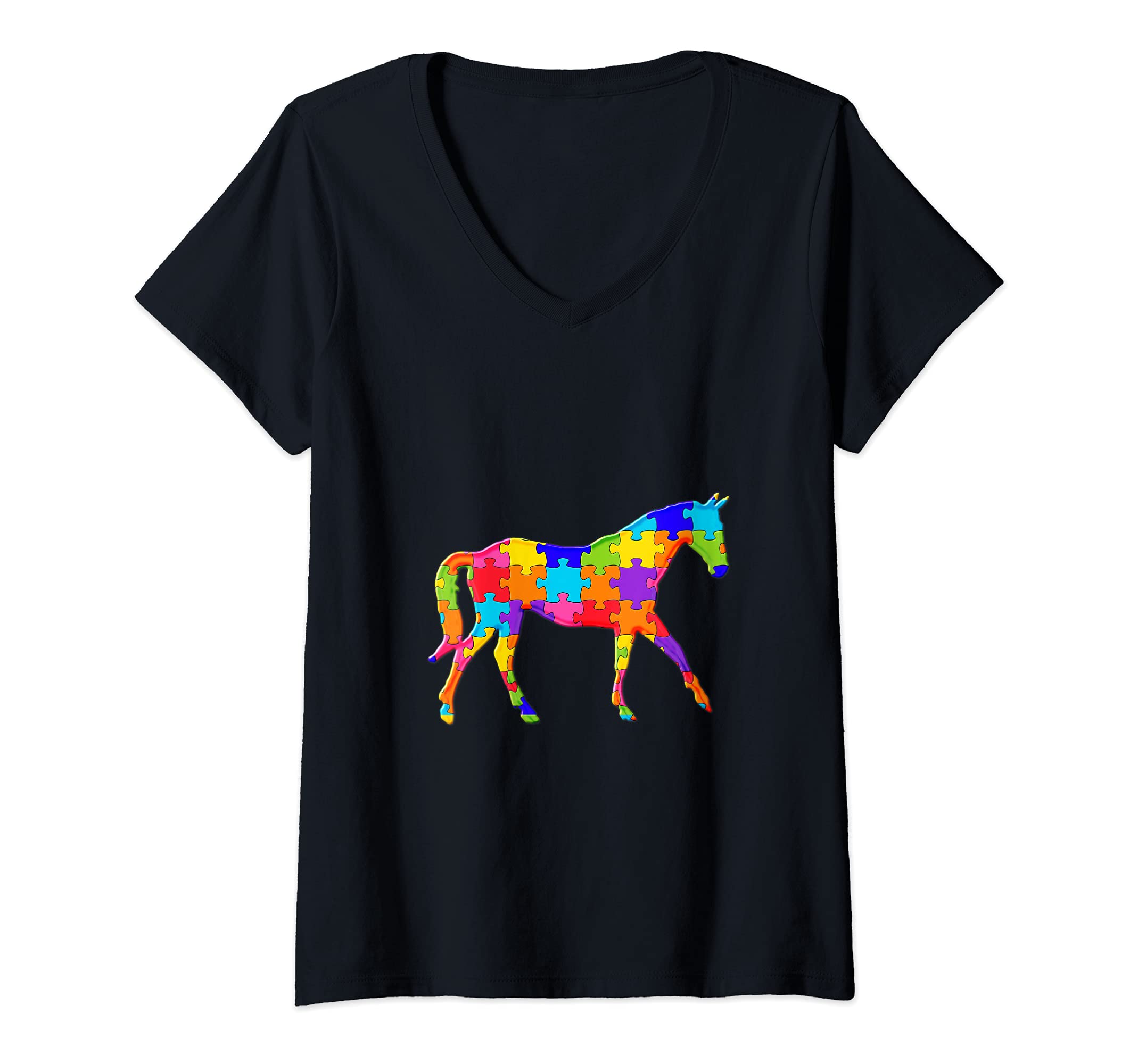 Womens Horse Animal Pony Jigsaw Autism Puzzle V-Neck T-Shirt