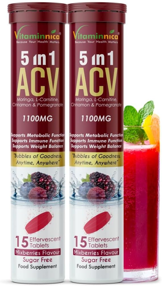 Vitaminnica ACV 5in1 Moringa Effervescent Tablets- 1100mg | Mixberries Flavor | Natural Energy & Immunity Booster with Antioxidants to Control Cravings -15 Tablets (2)