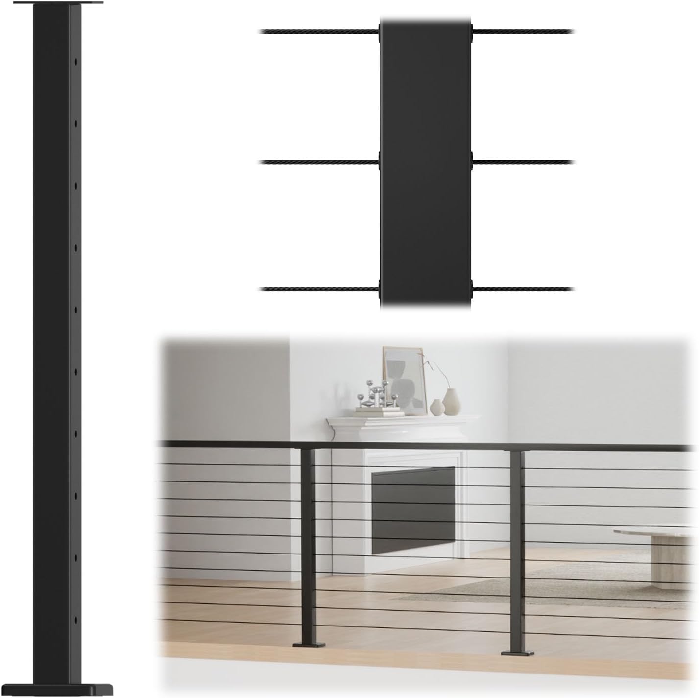 Level drilled Cable Railing Post 36"x2"x2" Fixed top Level Line Post Top Mount Black Finish Stainless Steel Wood Concrete Level Deck, PS02 BH4S