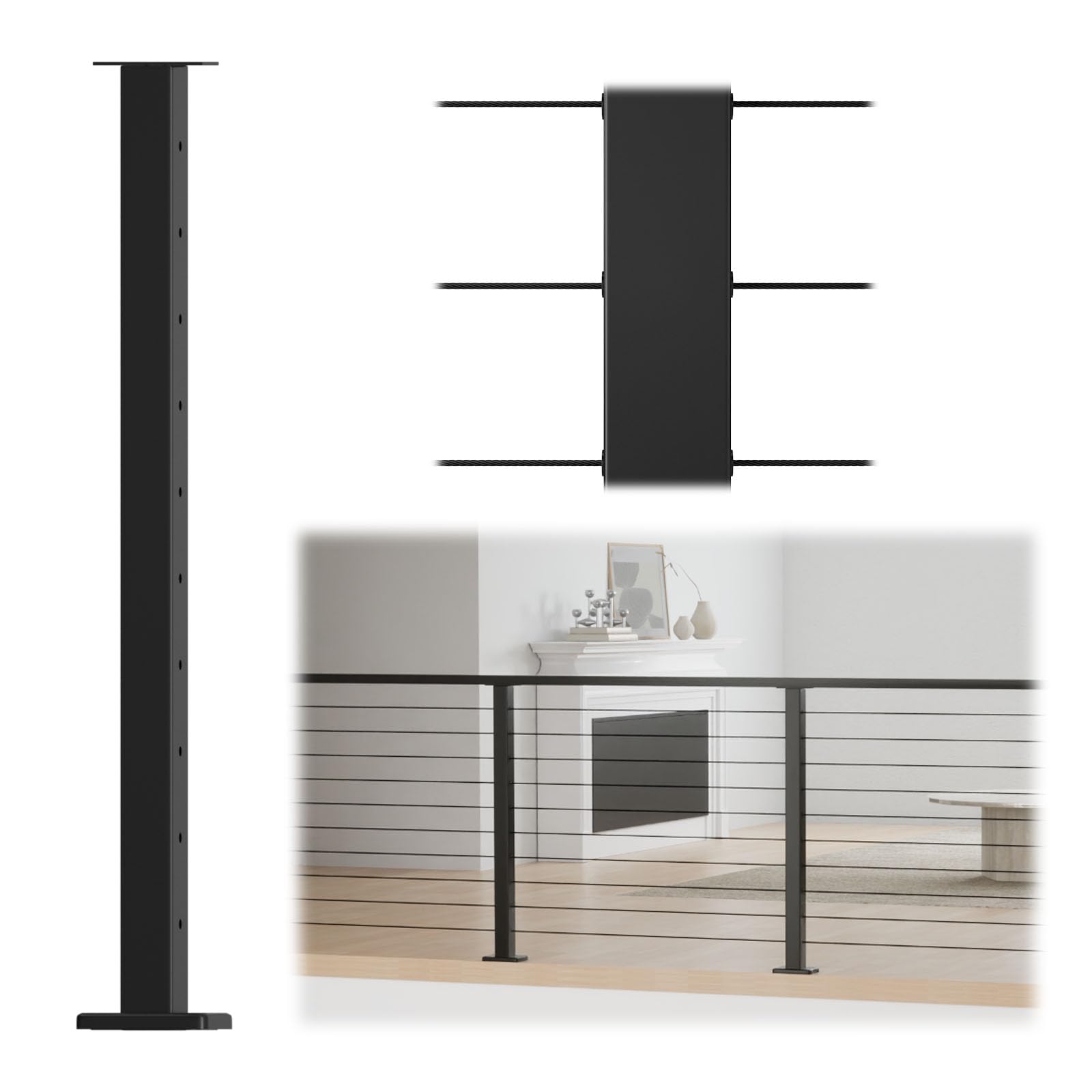 Black Cable Railing Post 36 Inch 36"x2"x2" Level Drilled Surface Mount T304 Stainless Steel Cable Railing System Kit Indoor Outdoor with Paper User Guide PS02 BH4S