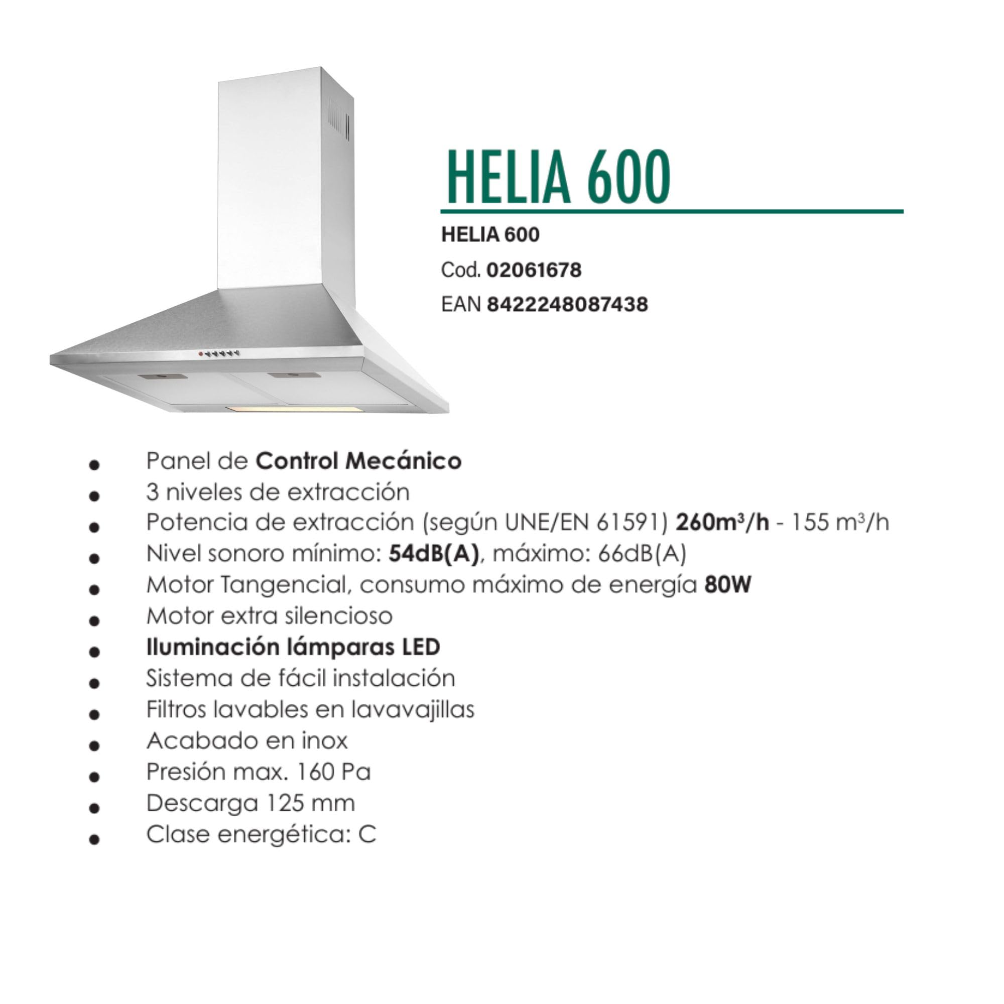 APELSON Campana Extractora Helia 600 con 3 Niveles de Extracción Turbo Panel de Control Mecánico Motor Tangencial Extra Silencioso Iluminación LED Potencia 260 m3/h Ancho 60 cm Color Blanco