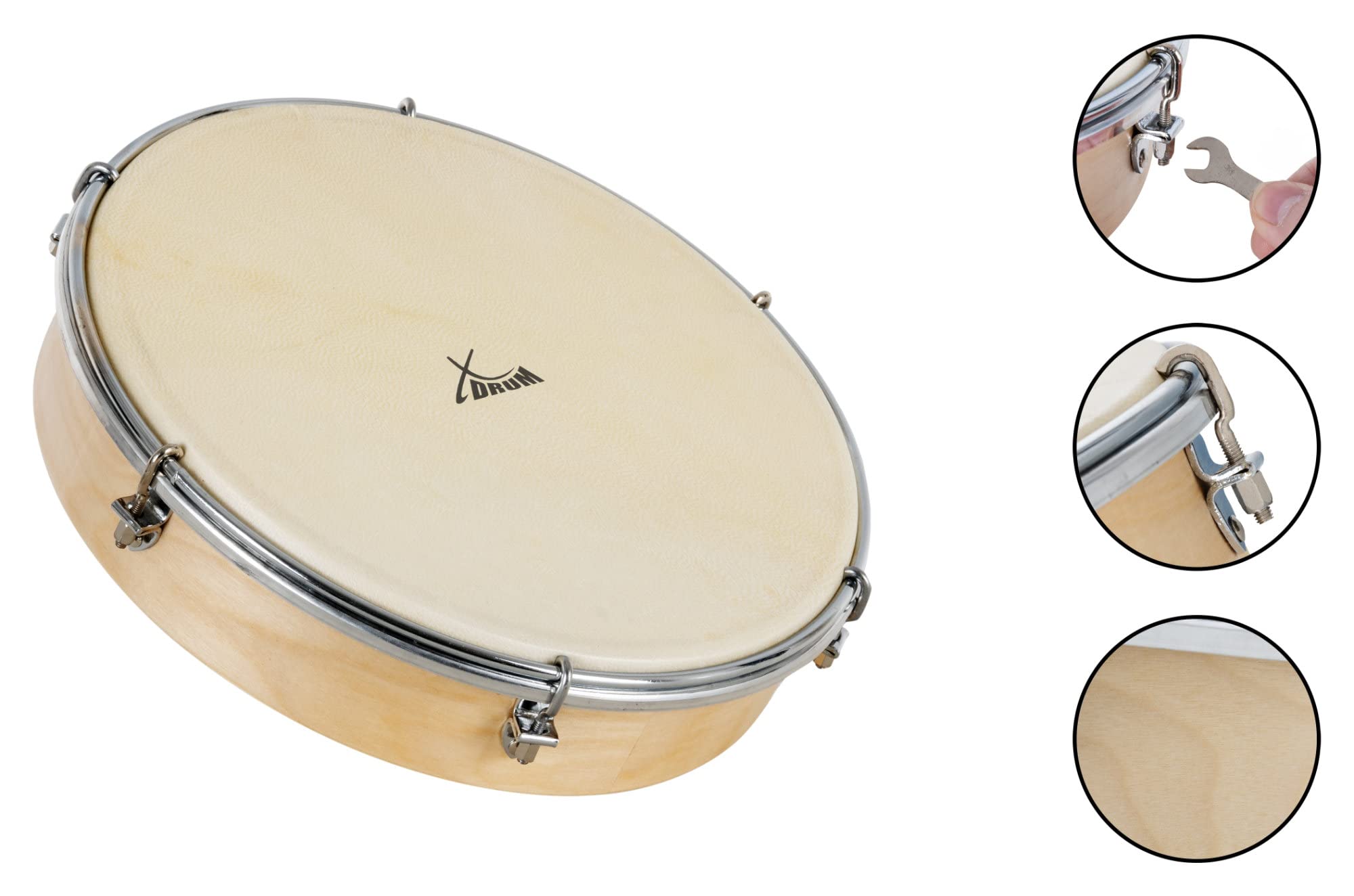XDrum HTM-10S Tambourin 10" avec Peau Naturelle, Diamètre: 10" (25 | 4 cm), Peau robuste en peau de mouton, Cadre en bois d’érable, 6 crochets de tension pour accorder le tambourin, Polyvalent