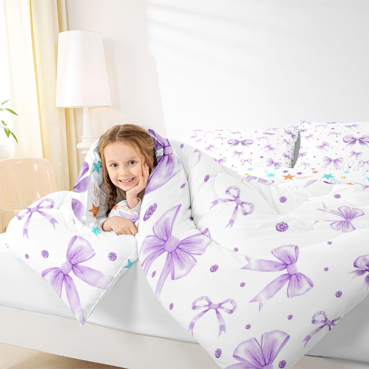 Erosebridal Cute Purple Bow Twin Bedding Sets for Girls | Purple Ribbon Bow Tie Comforter Set for Kids Teen, Girly Coquette Bows Bed Set, Princess Bowtie Room Decor, 1 Pillowcase
