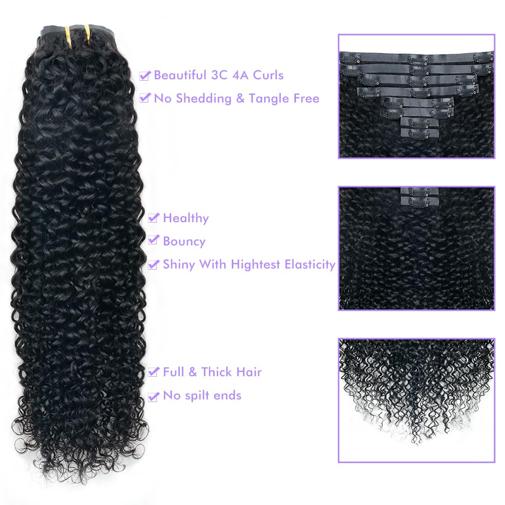 Seamless 3C 4A Kinky Curly Clip In Extension PU Weft Curly Clip in Extension Human Hair Clip Ins Full Head for Black Women Brazilian Remy Human Hair Natural Color 8Pcs with18clips 120g/Set (18 inch)