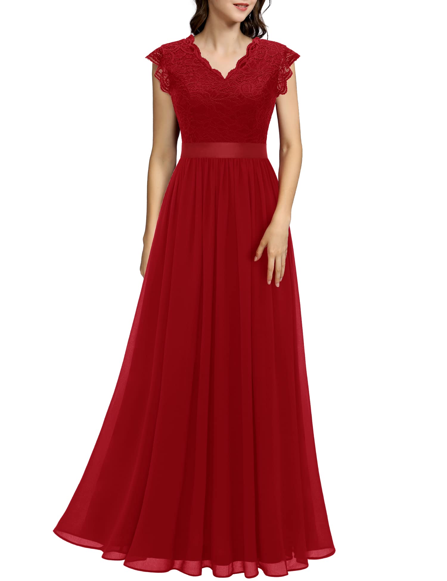 Aupuls Vestido De Noche Mangas Cortas con Volantes Maxi De Suave Gasa Y Encaje Elegante Mujer