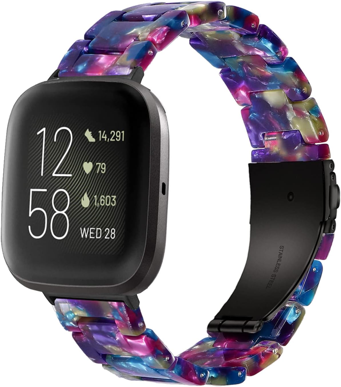 AWSMOR Compatible with Fitbit Versa 2 /Versa/Versa Lite Band Women men Resin Wristbands Strap with Metal Stainless Steel Buckle Replacement for Fitbit Versa 2 Smartwatch（Purple Green Flower）