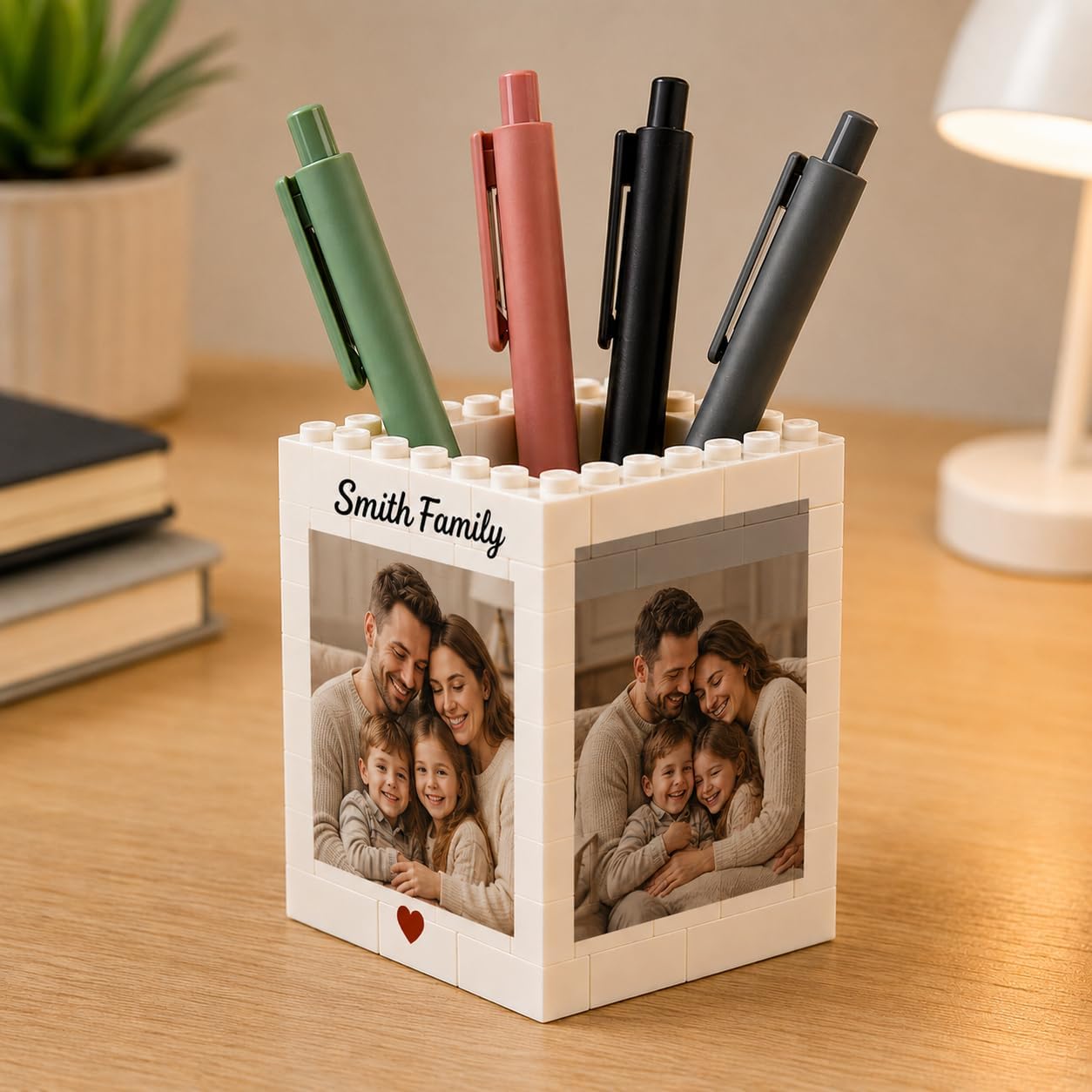 Personalized Photo Building Brick Pencil Pot, Custom Block Puzzle Pen Holders for Desk, Customize Photo Back to School Gifts for Daughter from Dad & Mom, Office Desk Accessories Ornament (Style 1)
