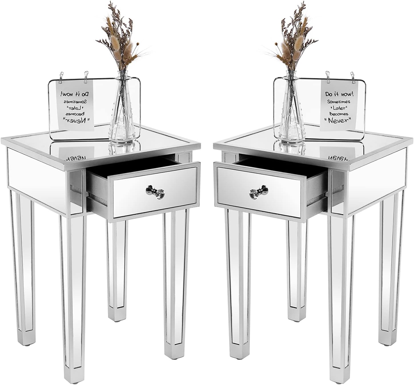 VINGLI Mirrored End Table with Drawer Silver Modern Nightstand/Bedside/Accent Table Set of 2 for Small Space,Living Room,Bedroom,15.7" L x 15.7" W x 24" H,Mirror