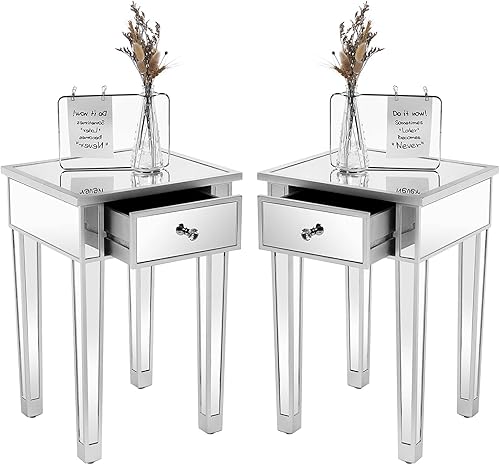 VINGLI Juego de 2 mesas auxiliares de espejo con cajón, mesita de noche moderna, mesita de noche, mesa decorativa para espacios pequeños, sala de