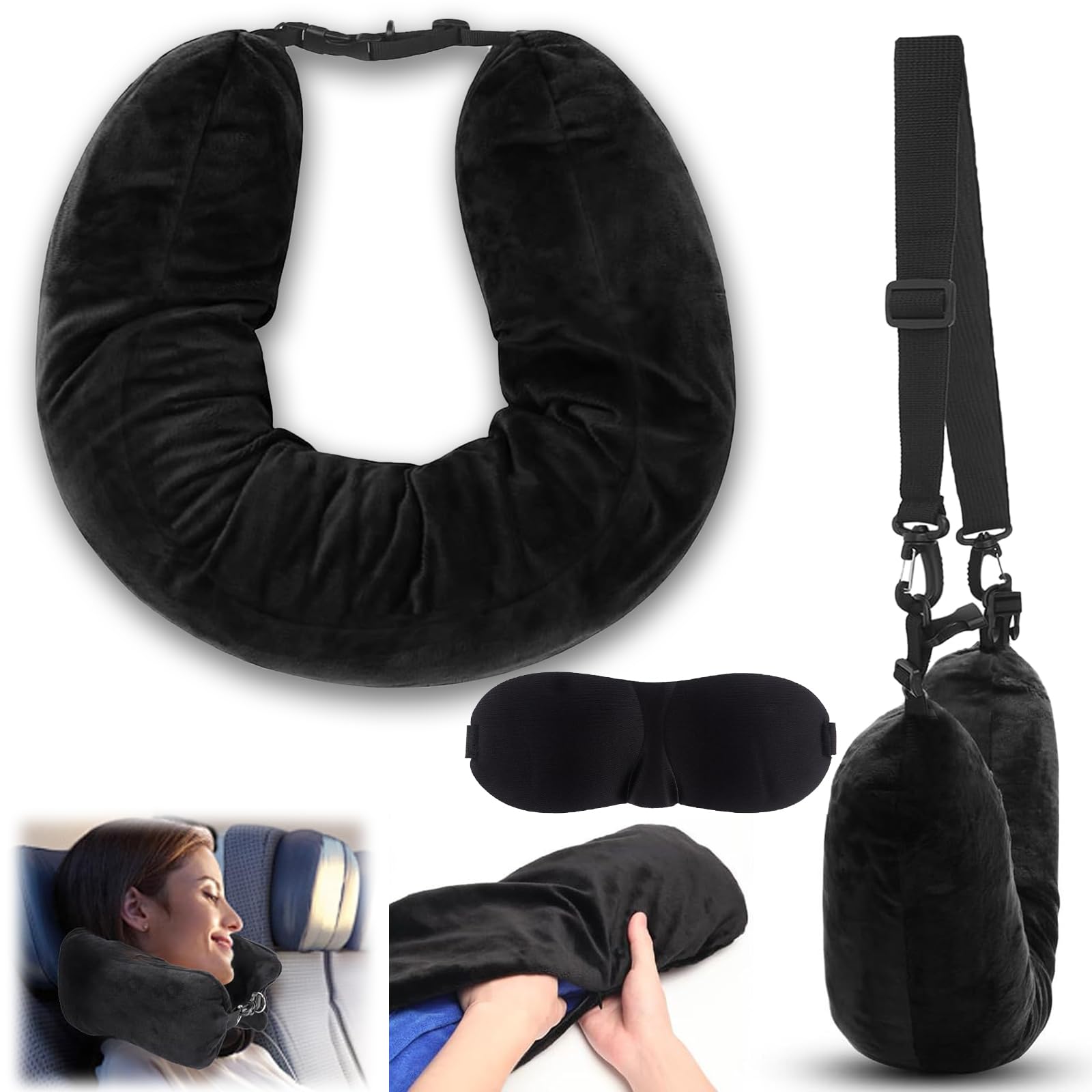 Set Da Viaggio 3 Pezzi: Cuscino Collo A U Gonfiabile Con Vestiti, Morbido In Peluche, Maschera Per Occhi E Cinghia - Borsa Portaoggetti Multifunzionale Per Aereo, Treno, Campeggio - Nero