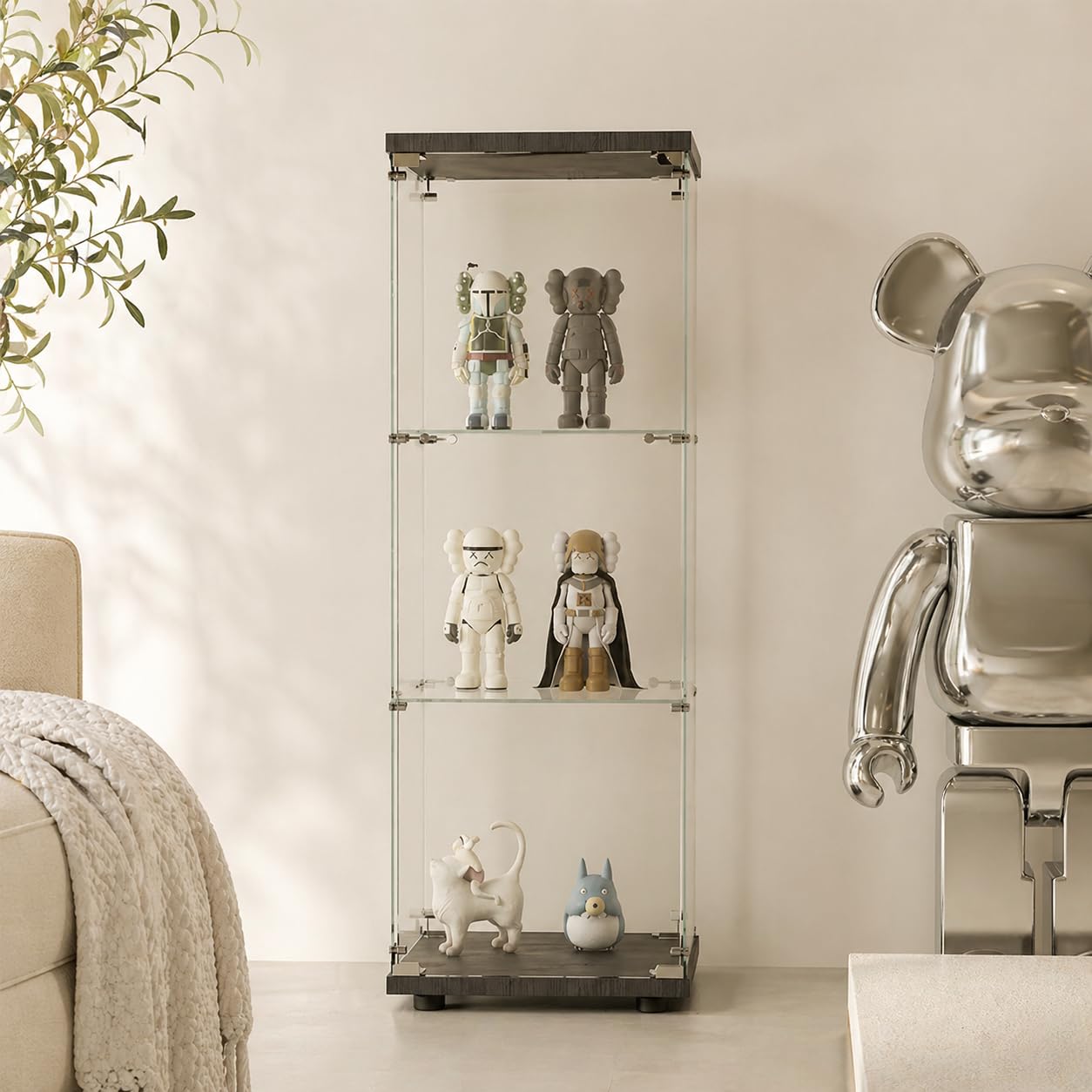 Glass Display Cabinet One Door with 3 Shelves, Black - Curio Showcase Cabinet for Collectibles Home Office Living Room, Tempered Glass Display Case