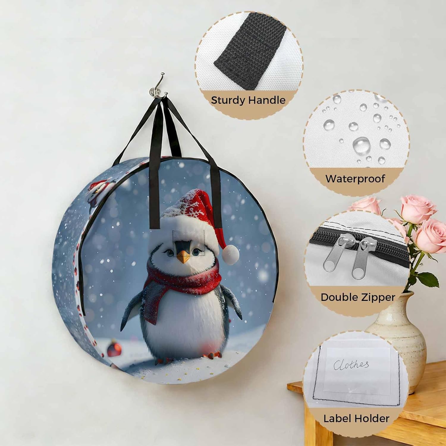 Christmas Winter Round Storage Bag 24 Inch, Snowflake Red Ball Funny Penguin Clothes Storage Container with Handles Heavy Duty Organizer for Comforter, Bedding & Holiday Wreaths