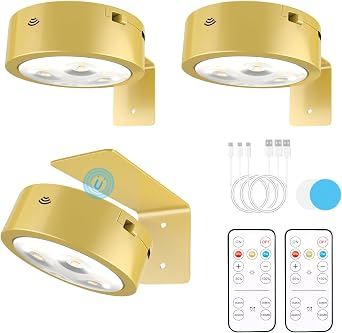 3 Pack Picture Lights for Wall, Rechargeable Battery Operated wall lights, Picture Frame lights with 3 Lighting Modes, Wireless Magnetic Painting Light with Remote Control Timer Golden, 3 Pack