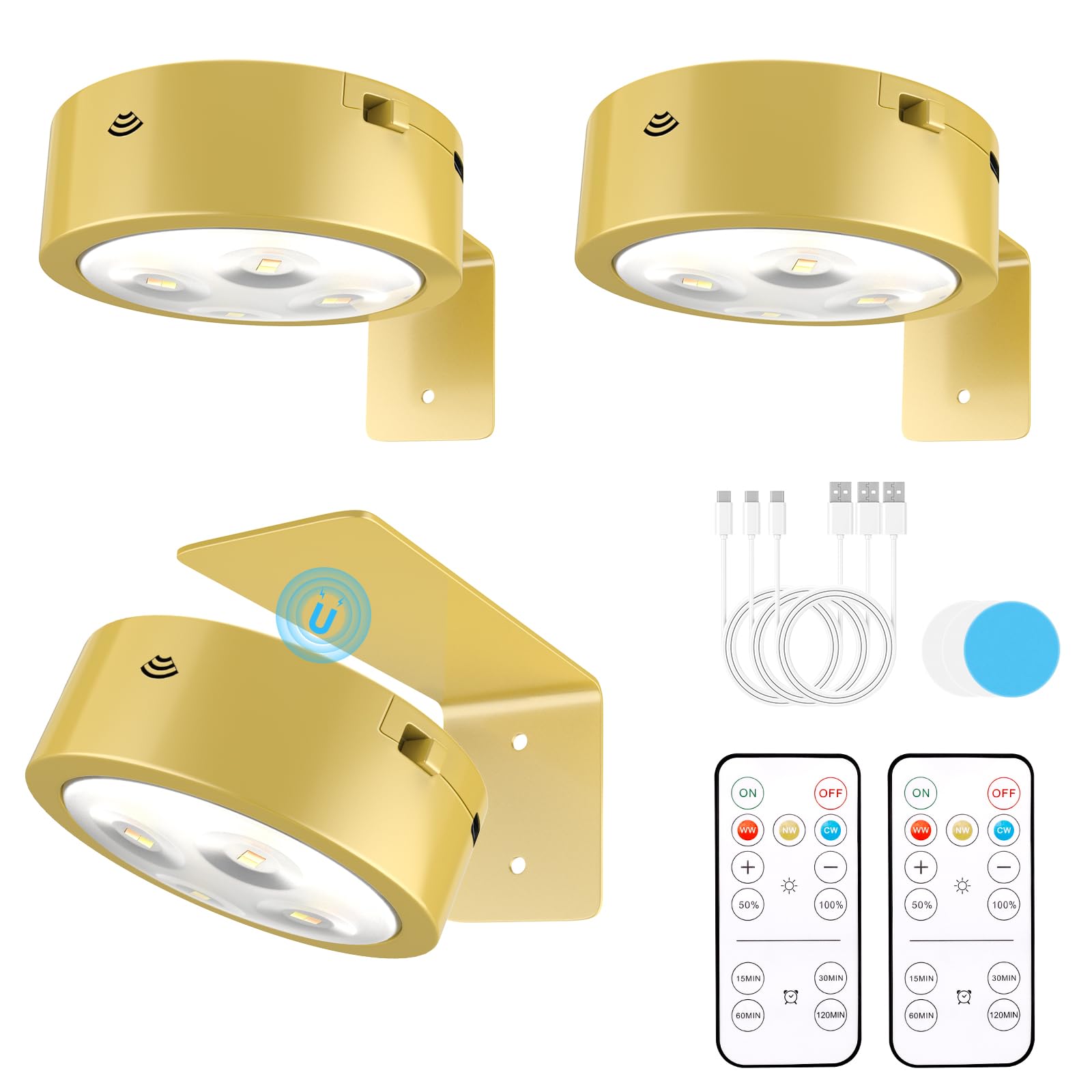 3 Pack Picture Lights for Wall, Rechargeable Battery Operated wall lights, Picture Frame lights with 3 Lighting Modes, Wireless Magnetic Painting Light with Remote Control Timer (Golden, 3 Pack)