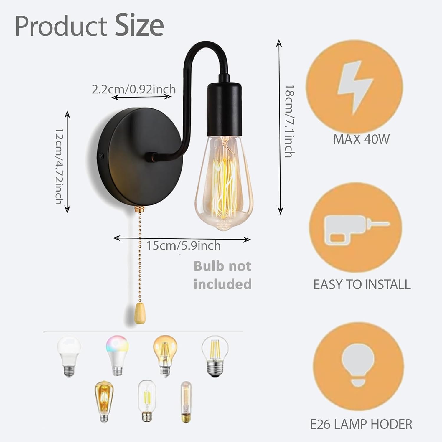 Wall Sconces Pull String Light Fixture 1-Light Vintage Industrial Wall Lamp with Light Pull Chain, Fixture Hardwired E26 Base Wall Light Fixtures for Bedroom Hallway Bathroom, On/Off Control