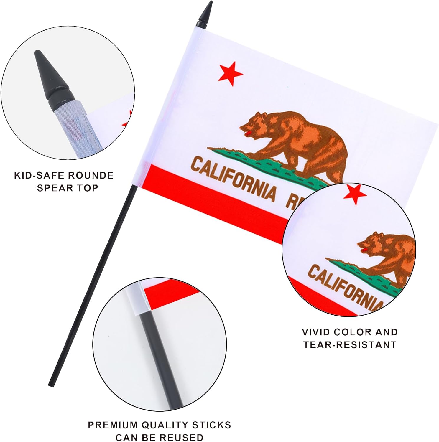 USA California Desk Flag 12" Solid Pole Deluxe Set US Calif. CA Flags Banner Mini Small American State Office Table Flags with Black Stand Base Desktop Decorations(2Pack) - Image 4