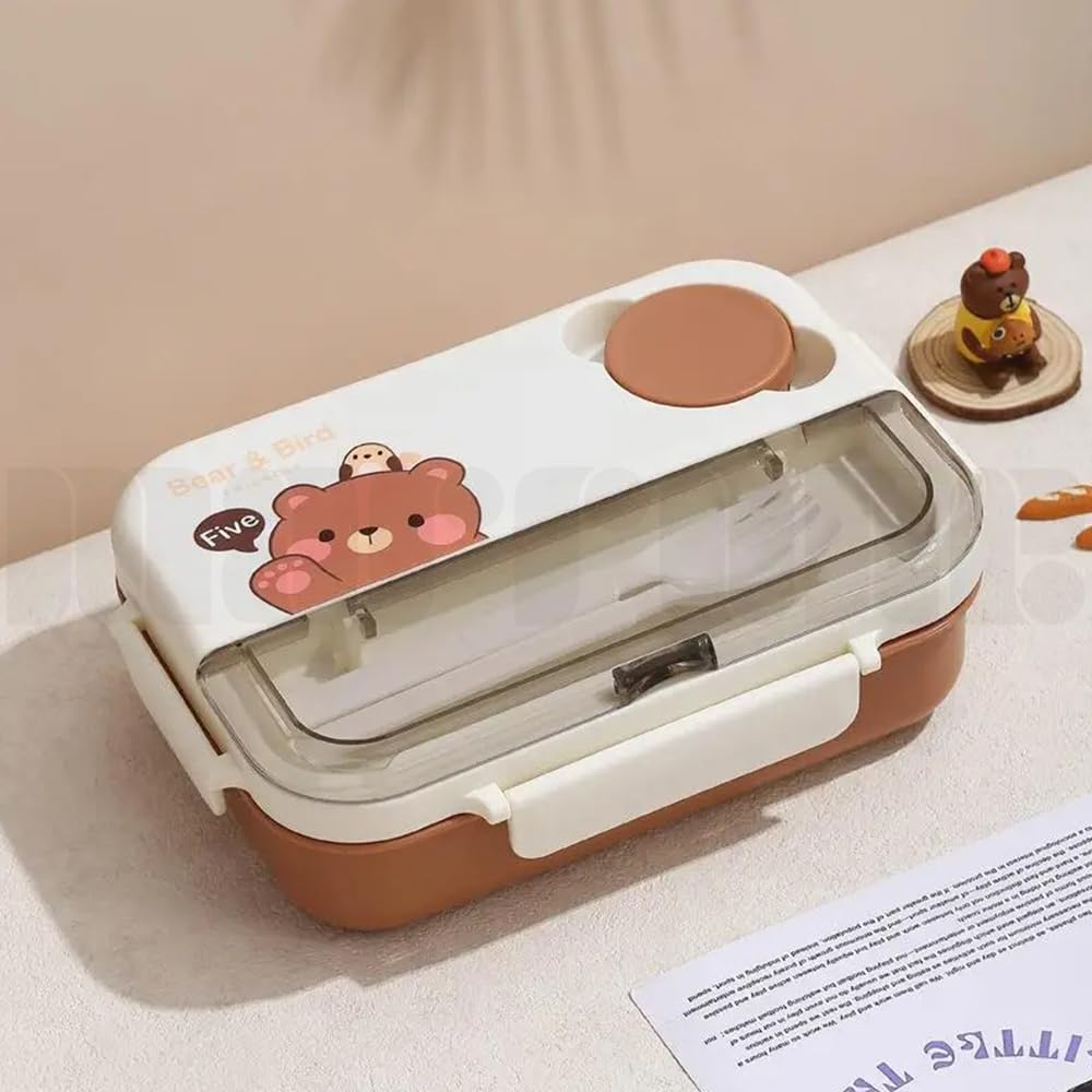 Marrone Lunch Box for Adults/Kids 4 Compartment Lunch Box with Fork - Durable Perfect Size |Leak-Proof |Reusable|BPA Free & Freezer Safe Food Containers (Broun)