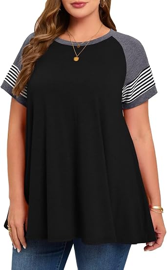 MONNURO Plus Size Summer Tops Short Sleeve Striped Color Block Shirt Loose Fit