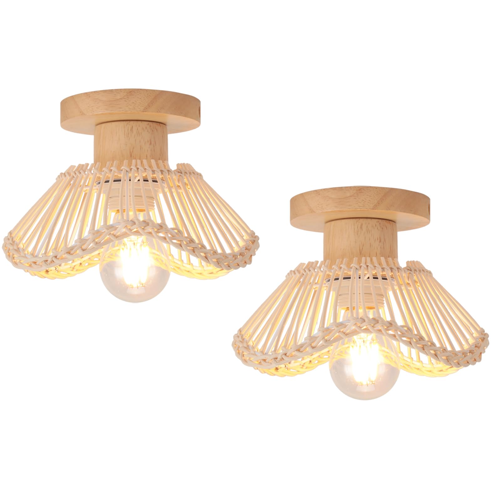 Lot de 2 Plafonniers en Bambou Tressée Lampe de Plafond Vintage E27 Éclairage Luminaire en Rotin Bois Lustre Suspension Déco pour Salon Chambre Couloir Cuisine