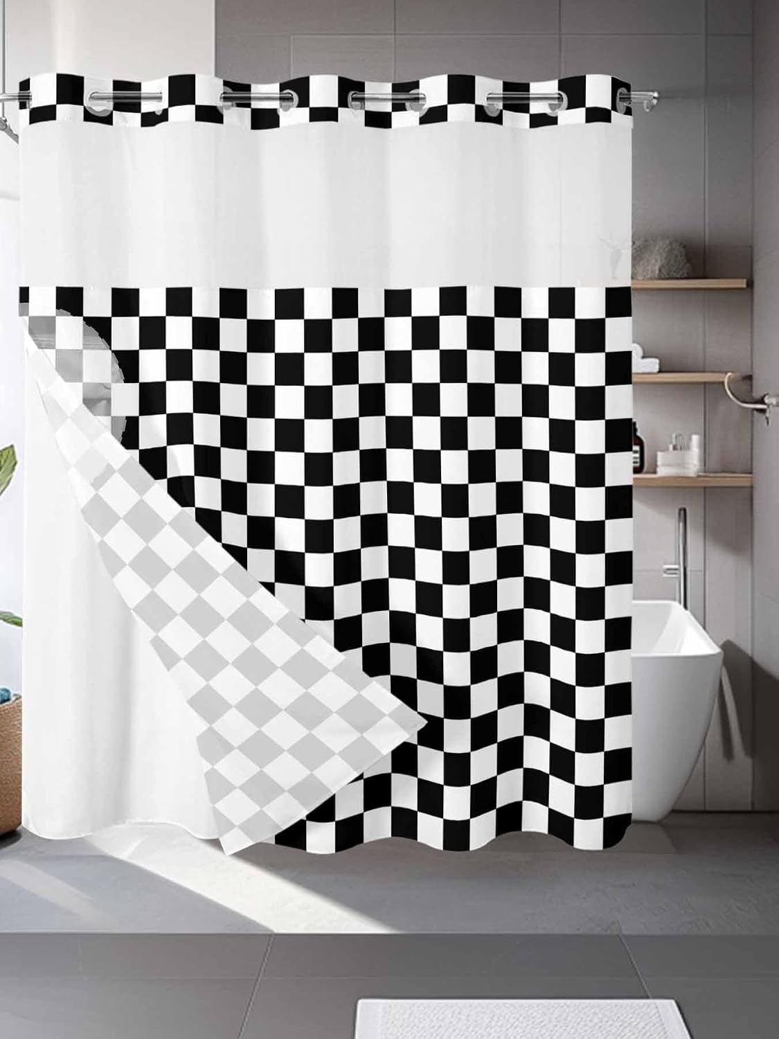 No Hook Shower Curtain, Black White Plaid Long Bathtub Curtains with Snap in Liner, Modern Buffalo Check Gingham Art Waterproof Washable Fabric Bathroom Curtain Sets, 72" x 78"
