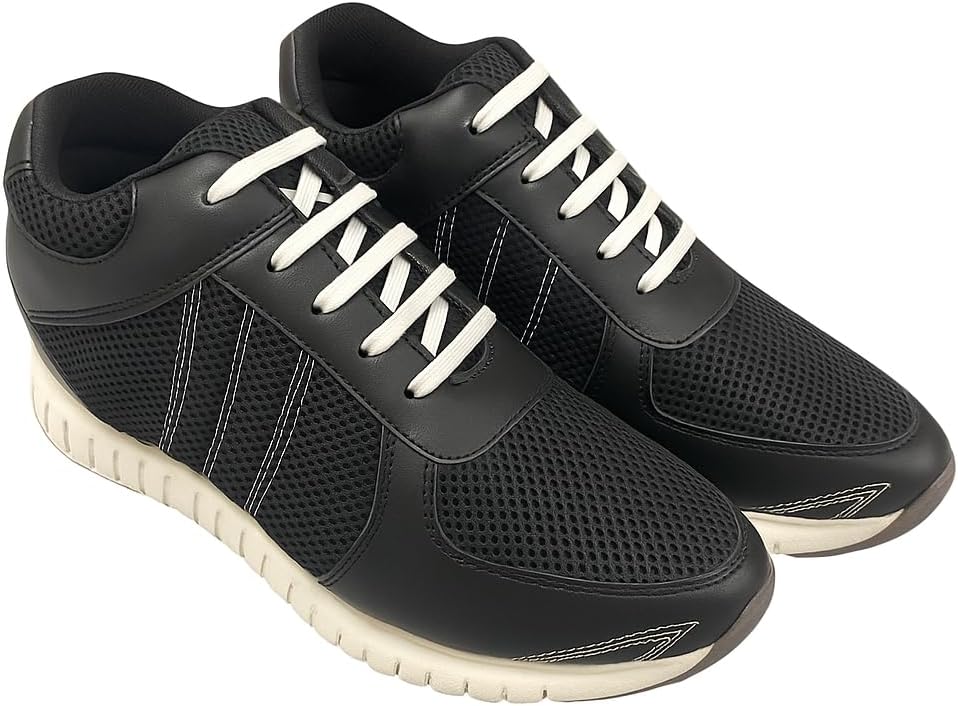 Height Increasing Black Mesh Leather Sports Shoes with Guaranteed 3 Inch Height Elevate