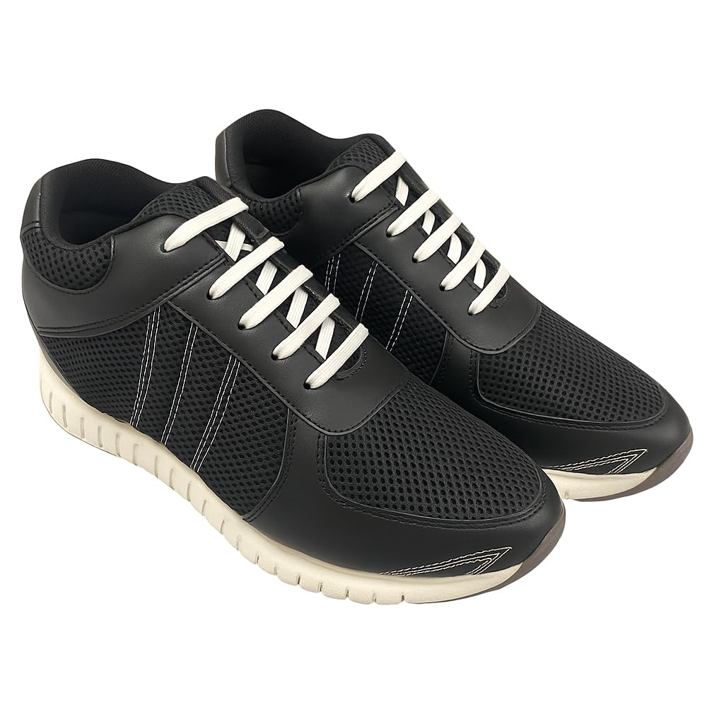 - Height Increasing Black Mesh Leather Sports Shoes with Guaranteed 3 Inch Height Elevate