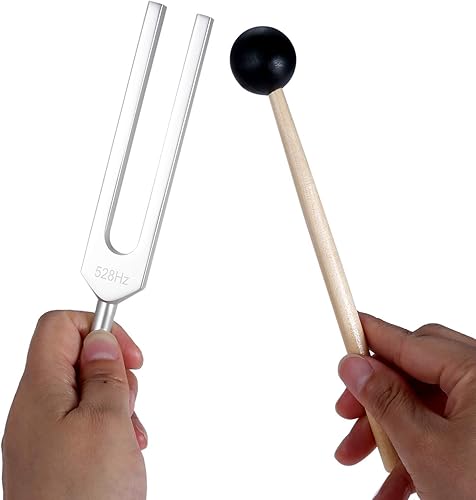 Miniatura 8 de Diapasón de 528 Hz para sanación de sonido, alivio del estrés, chakra, instrumento musical, relajación, meditación con martillo de silicona y bolsa