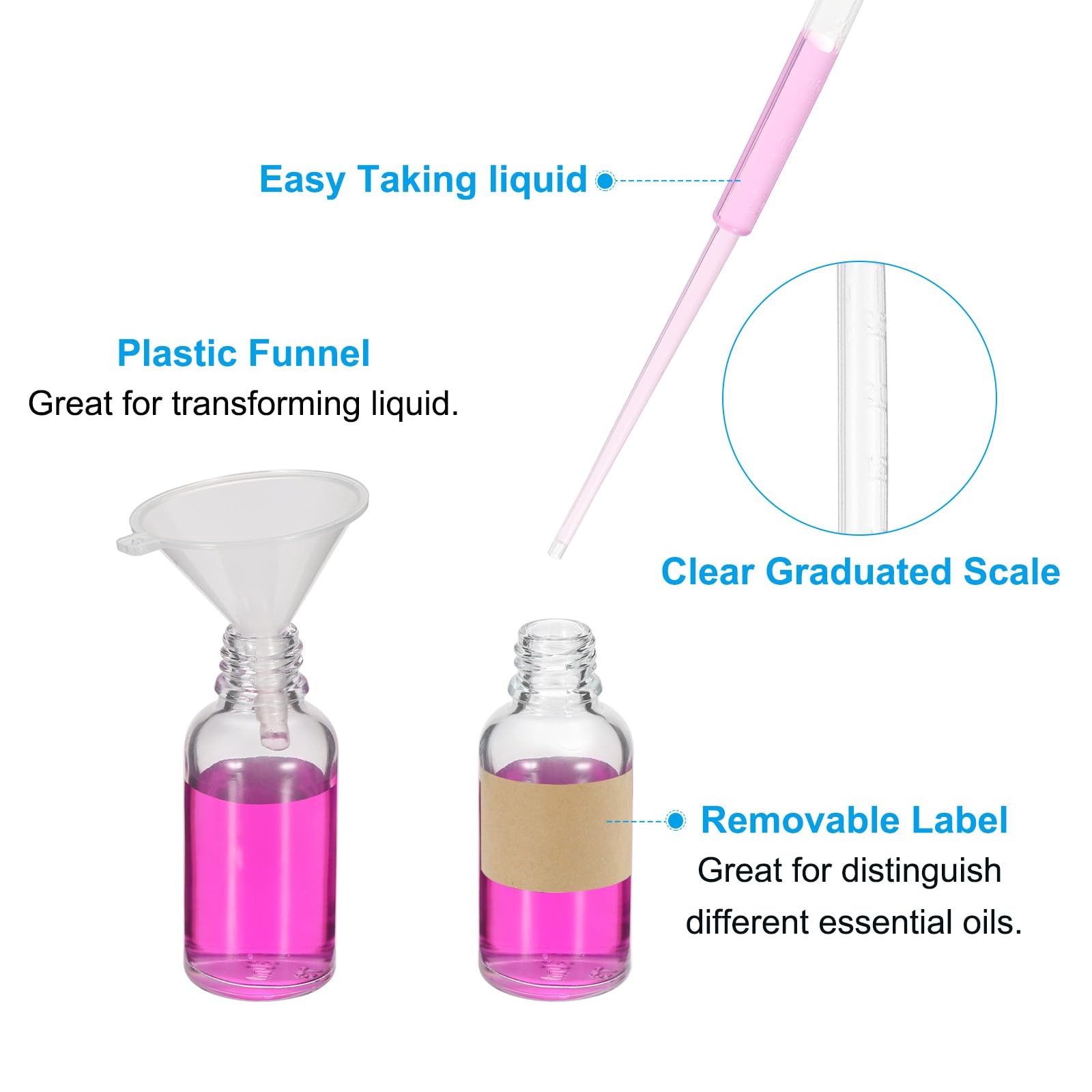 PATIKIL 30ml Glas-Tropfflasche 100 Stück Dichte Ätherische Öle testen Flüssigkeit Parfüm Behälter Mit Pipette Etiketten Trichter Für Aufbewahrung Zuhause Reisen Klar