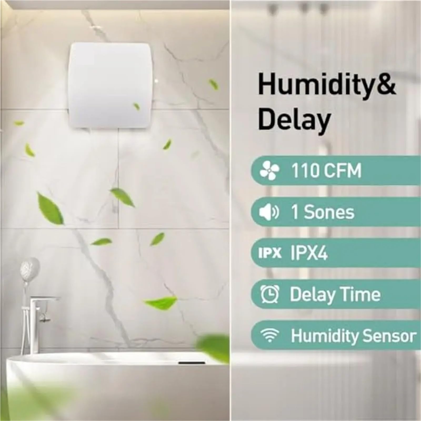 Extractor de aire, Extractor de aire for baño con temporizador y sensor de humedad, silencioso, 110 CFM, for techo y pared, diseño de doble deflector, ABS Para baño de techo