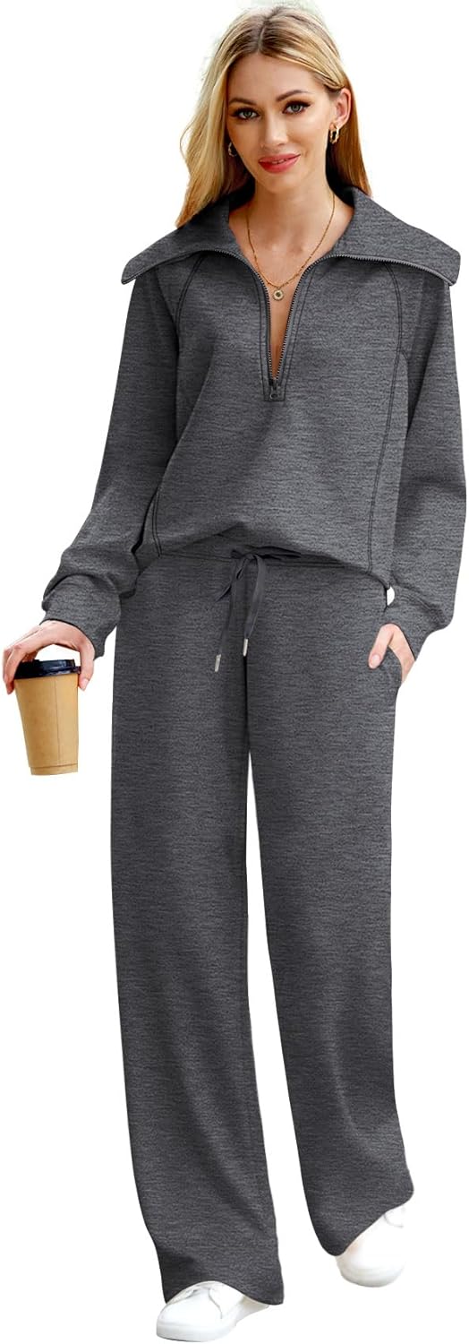 XIEERDUO Lounge Sets For Women 2025 Half Zip Sweatshirt And Wide Leg Sweatpant 2 Piece Outfits Sweatsuit Tracksuit - Image 2