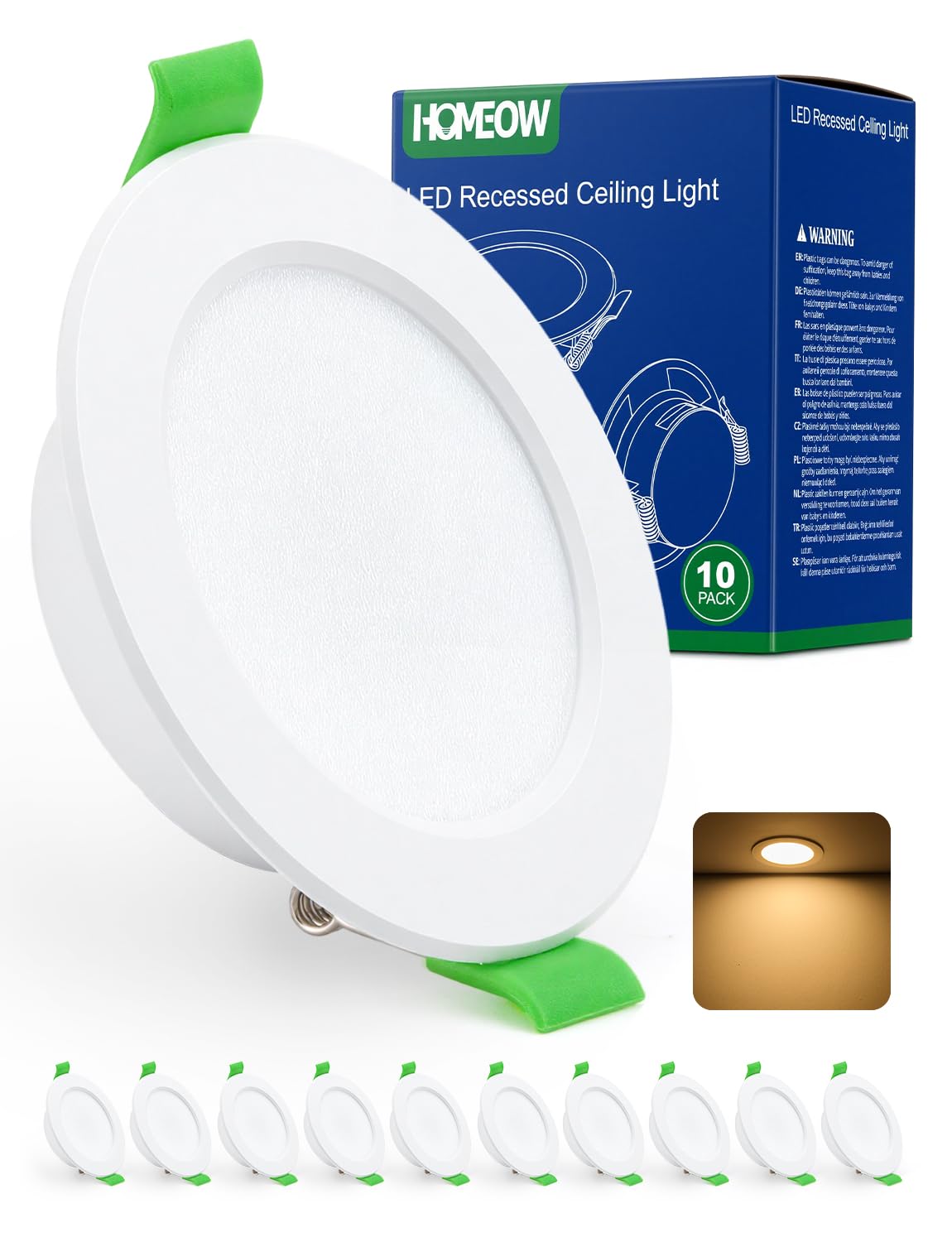 HOMEOW Einbaustrahler LED 230V Flach 68mm, Deckenspots 5W 400 Lumen, Einbauleuchten Decke LED Warmweiß 2700K, IP44 Spots für Badezimmer Küche, 10er Set
