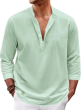Karlywindow Mens Linen Henley Shirt Long Sleeve Summer Beach Casual T-Shirt | 3/4 Sleeve, Cotton Linen Shirts, Hippie, Yoga, Henleys, Breathable