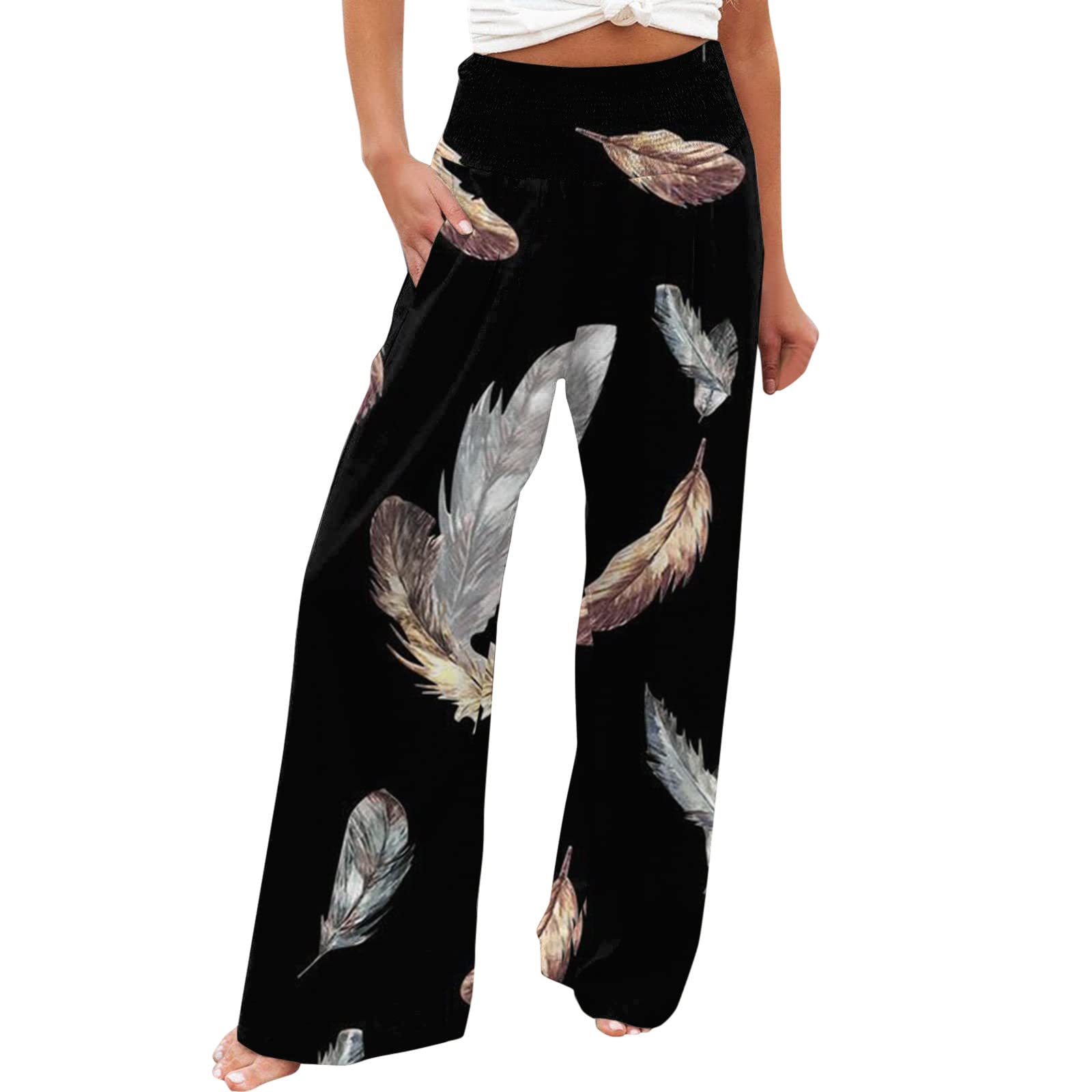 GenericWomen's Flowy Pants Boho Casual Workplace Solid Color Temperament Trousers Loose Wide Leg Pants, S-3XL