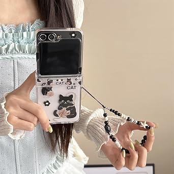 Case for Samsung Galaxy Z Flip 6/5,Cute Cartoon Cats Pattern Design Folding Protective Phone Shell with Wrist Chain,Shockproof Cover for Girls Boys (Z Flip 5)