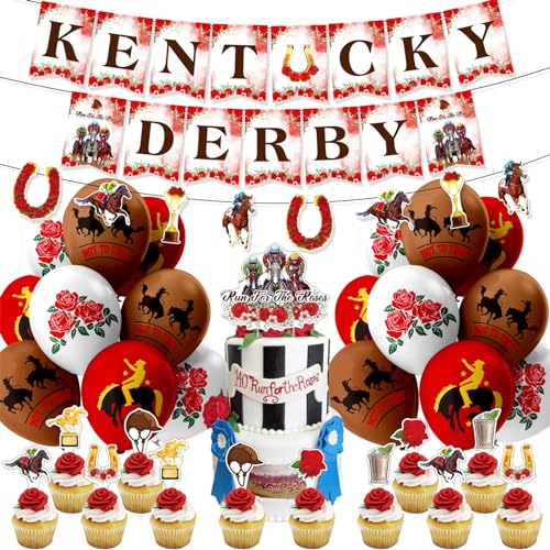 35 Pcs Kentucky Derby Party Supplies Including Kentucky Derby Banner, Balloons, Cupcake Topper, Cake Topper, Horse Racing Flag for Kentucky Theme Party Birthday Party Decorations